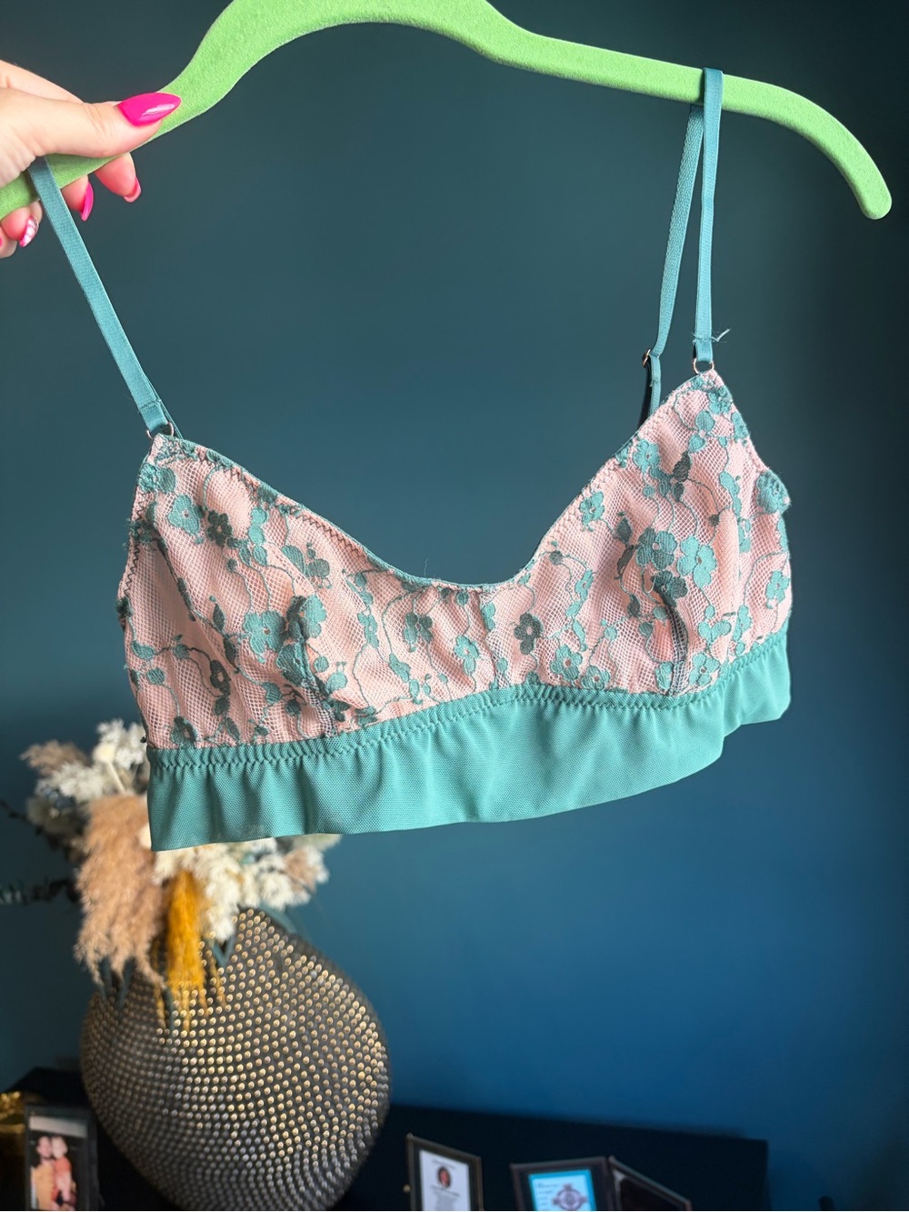 Nude Lace Bralette with Teal Trim